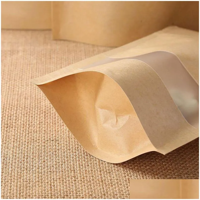 100 pcs/lot kraft paper bag food moistureproof bags zipper stand up reusable sealing pouches with transparent window