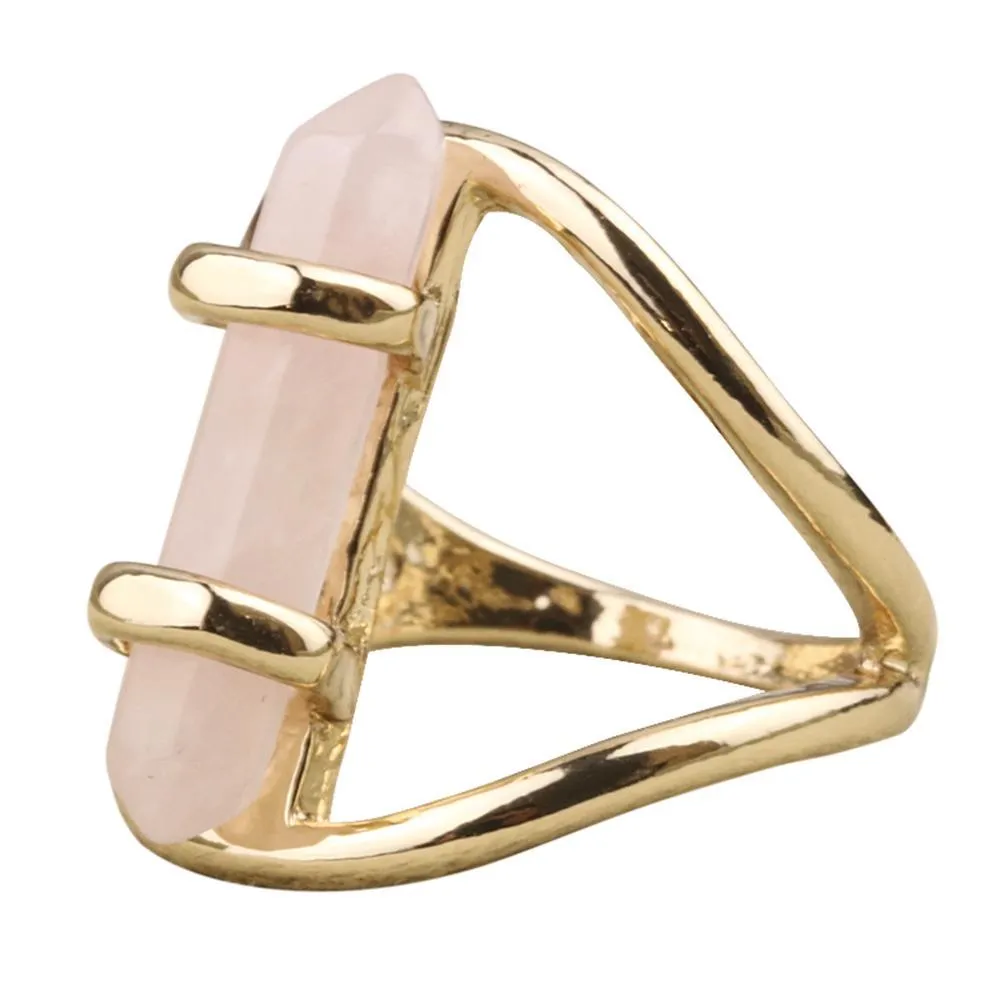 fashion gold color environmental alloy pink rose powder crystal hexagonal solitaire ring for women jewelry