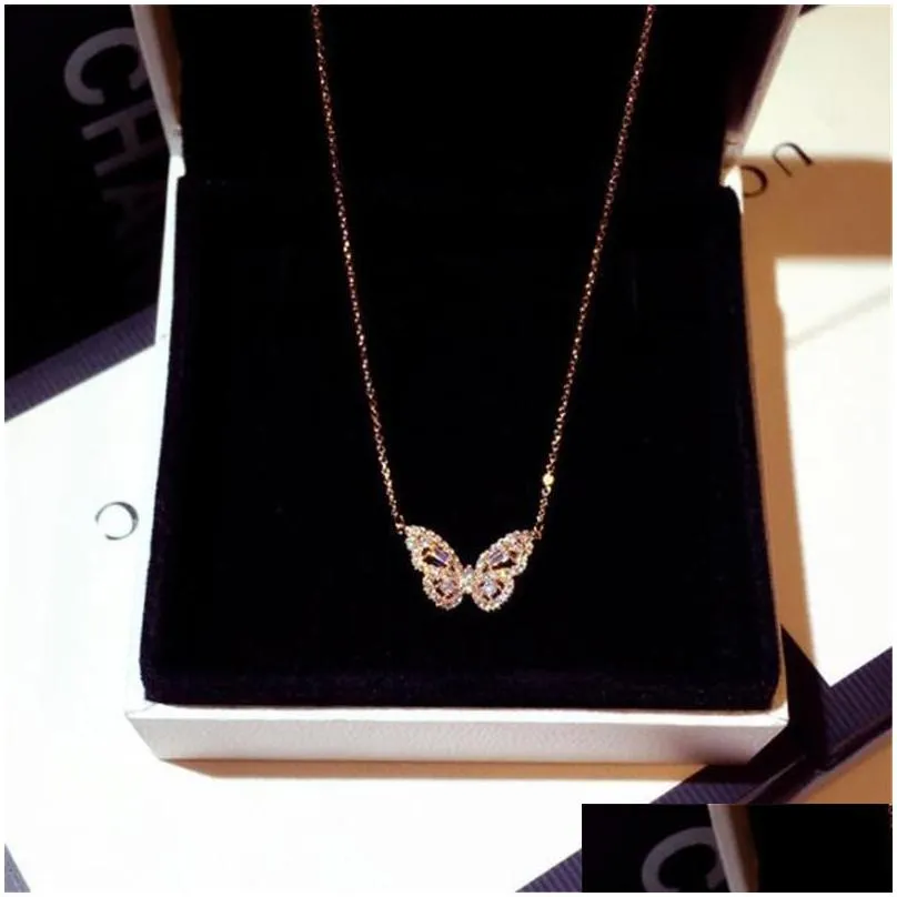 ins top sell butterfly pendant luxury jewelry 925 sterling silver rode gold fill pave white sapphire cz diamond gemstones party eternity clavicel necklace