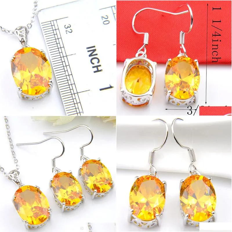 luckyshine wedding jewelry sets oval citrine gems 925 sterling silver cubic zirconia pendants drop earrings lady jewelry sets 