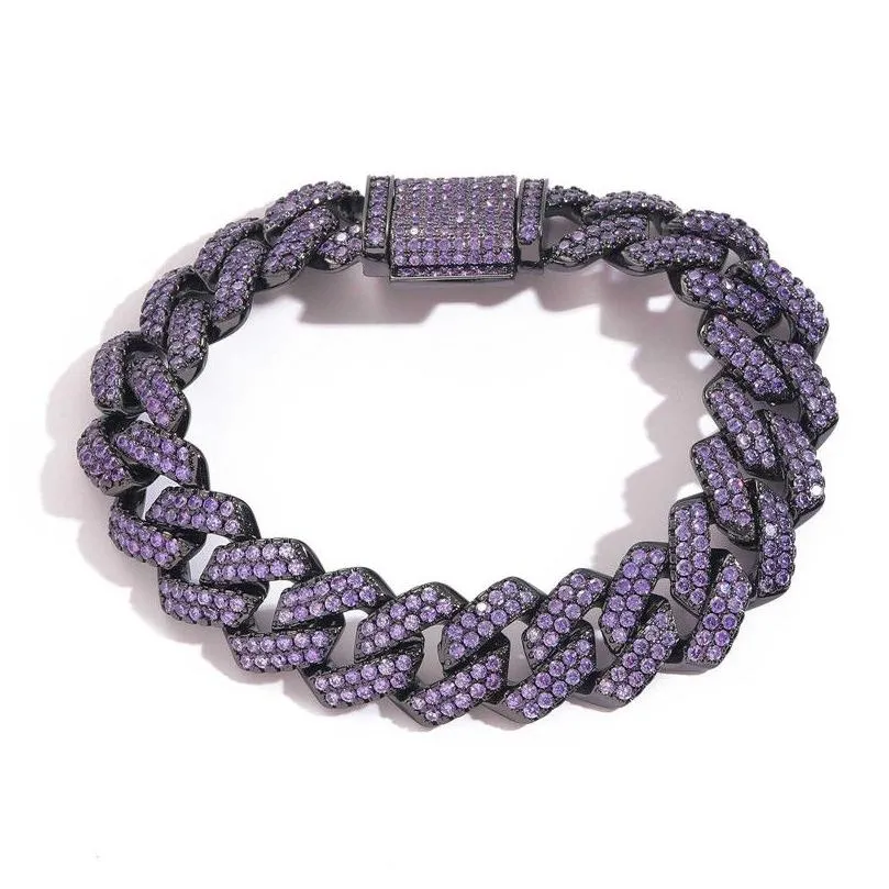 link bracelets iced out chains for men women 15mm black purple cuban cz stone bracelet hip hop jewelry