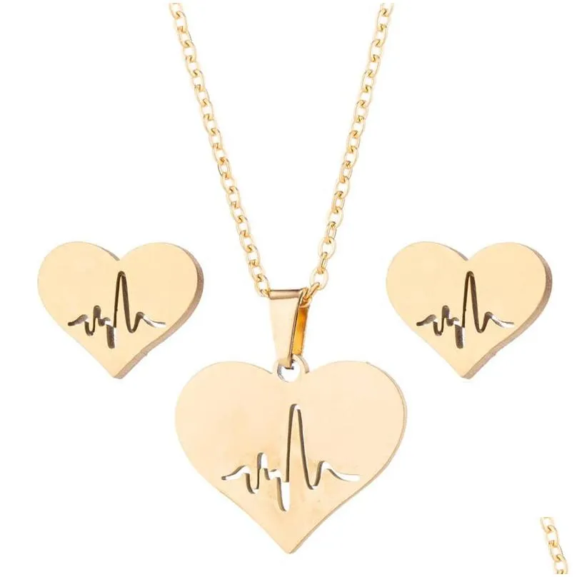 fashion stainless steel love heart necklace women gold heartbeat stud earrings jewelry sets for girls wedding jewelry