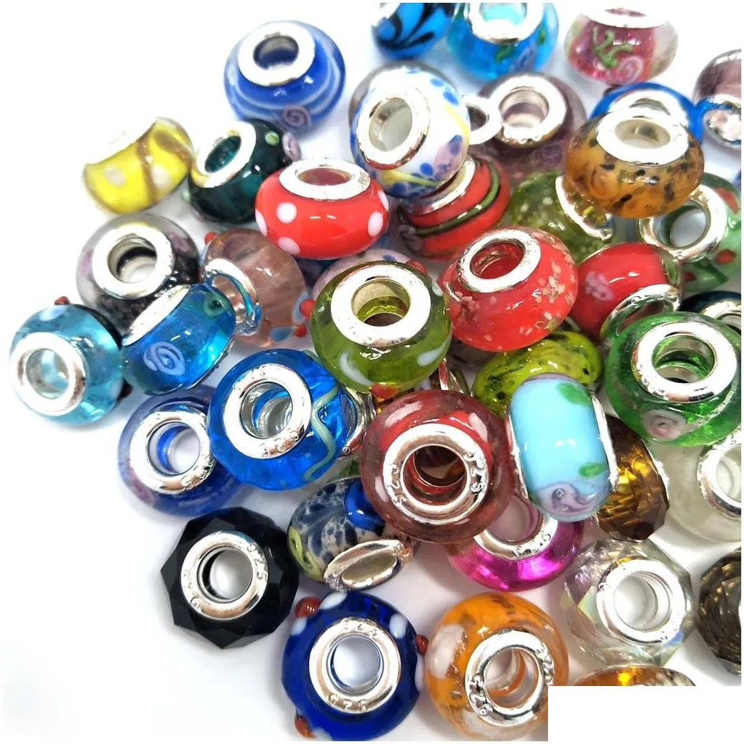 brand mix styles glass 925 stering cord big hole loose beads fit european pandora jewelry diy bracelet charms 50pcs per lot