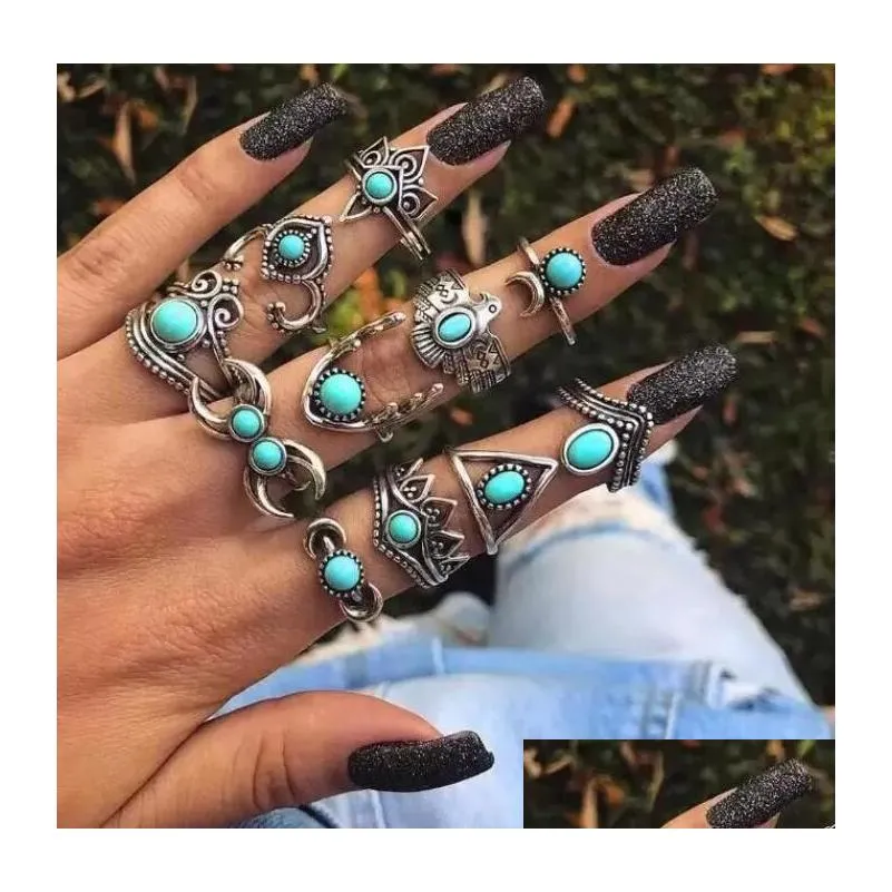 bohemia boho retro ring set vintage turquoise silver color for women jewelry factoy direct wedding gift for lady wife