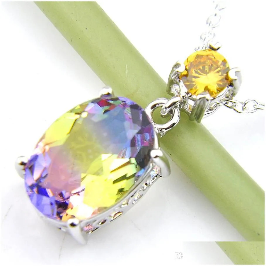 luckyshiney 10 pcs/lot christmas gift oval bi color tourmaline citrine gemstone silver pendants for necklaces women