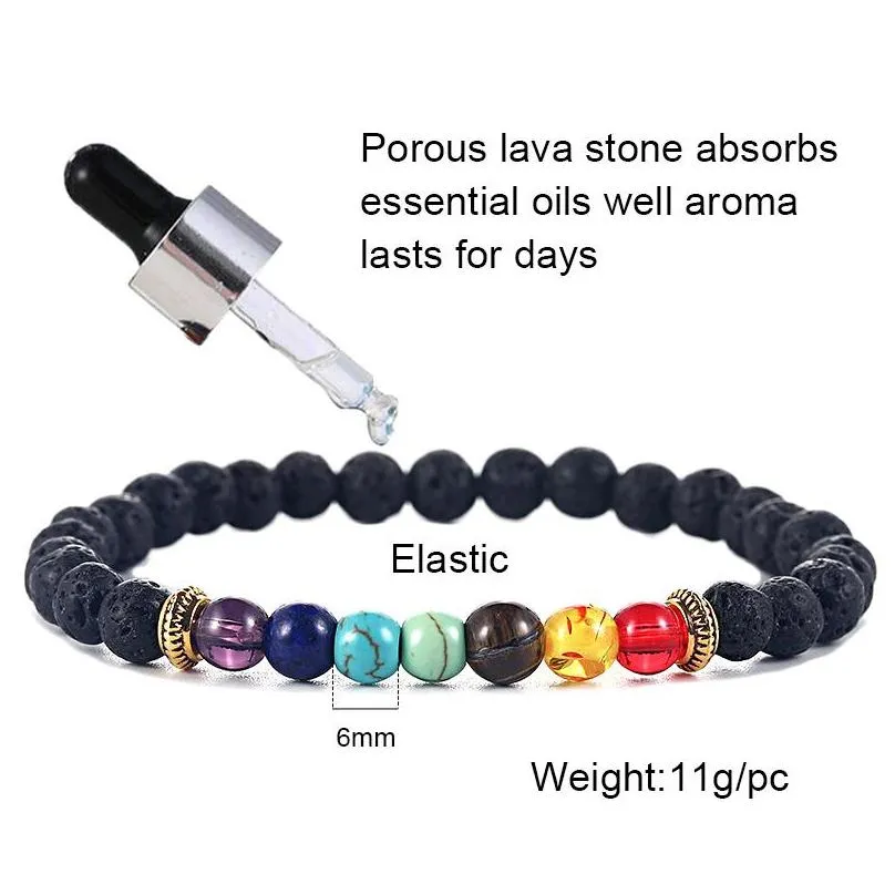 fashion natural black lava stone beads bracelet 6mm volcanic stone  oil diffuser 7 chakras yaga bead bracelet for men women