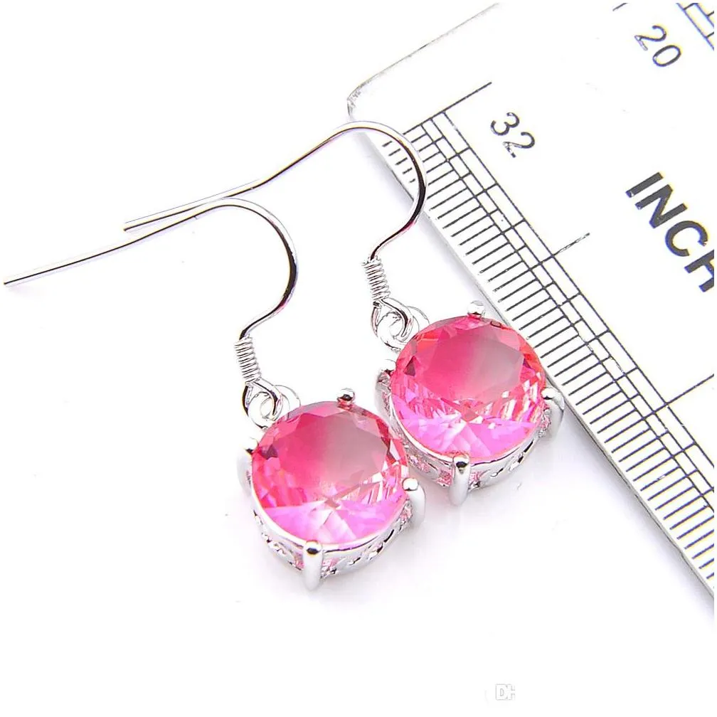 luckyshine women gift round pink bi colored tourmaline gems 925 sterling silver plated pendants drop earrings engagement jewelry set