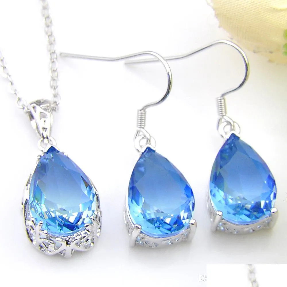 fashion jewelry top teardrop 5 sets/lot blue tourmaline earring pendants silver necklace for womens wedding engagemets