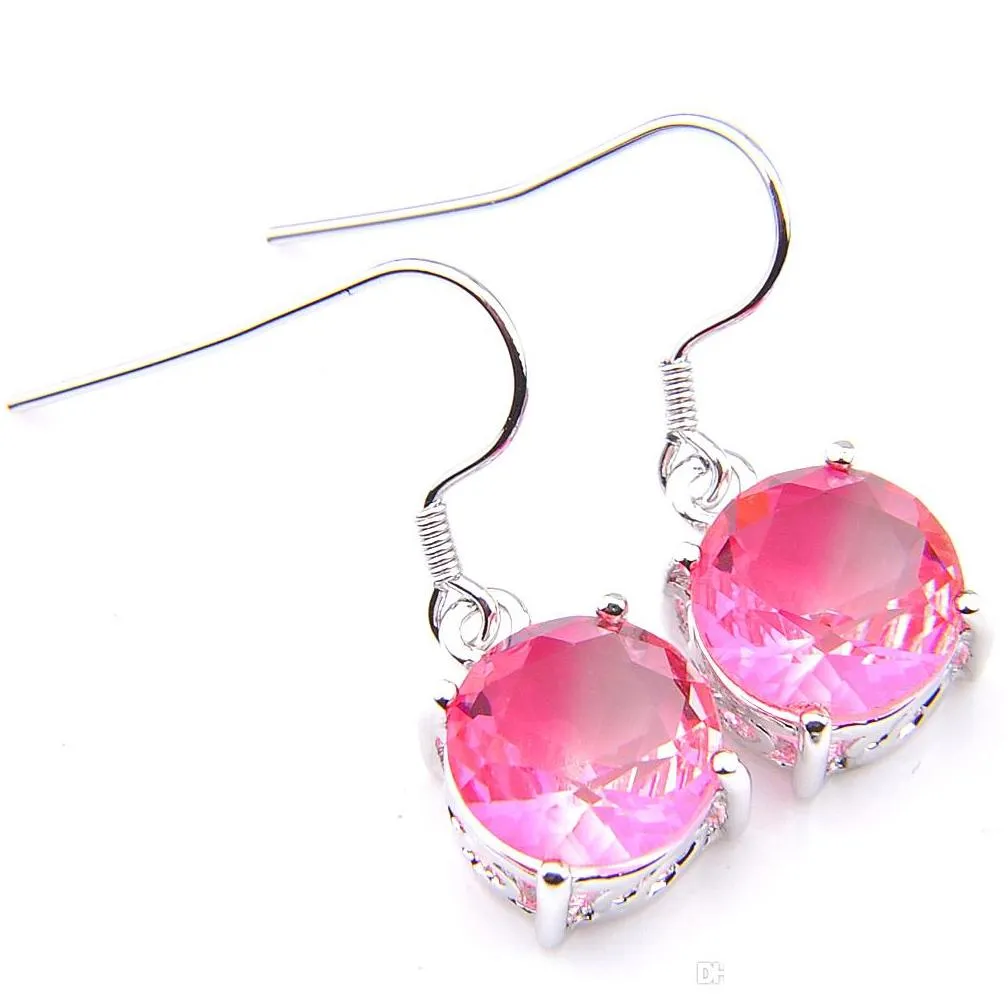 luckyshine women gift round pink bi colored tourmaline gems 925 sterling silver plated pendants drop earrings engagement jewelry set