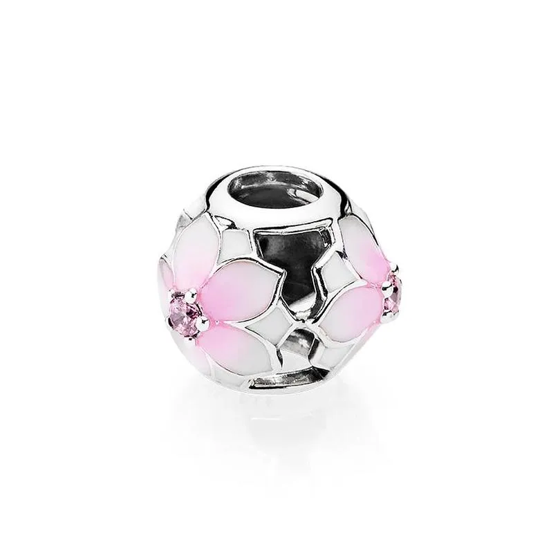 openwork pink magnolia flower charm with original box for pandora 925 sterling silver beads bangle bracelet making charms