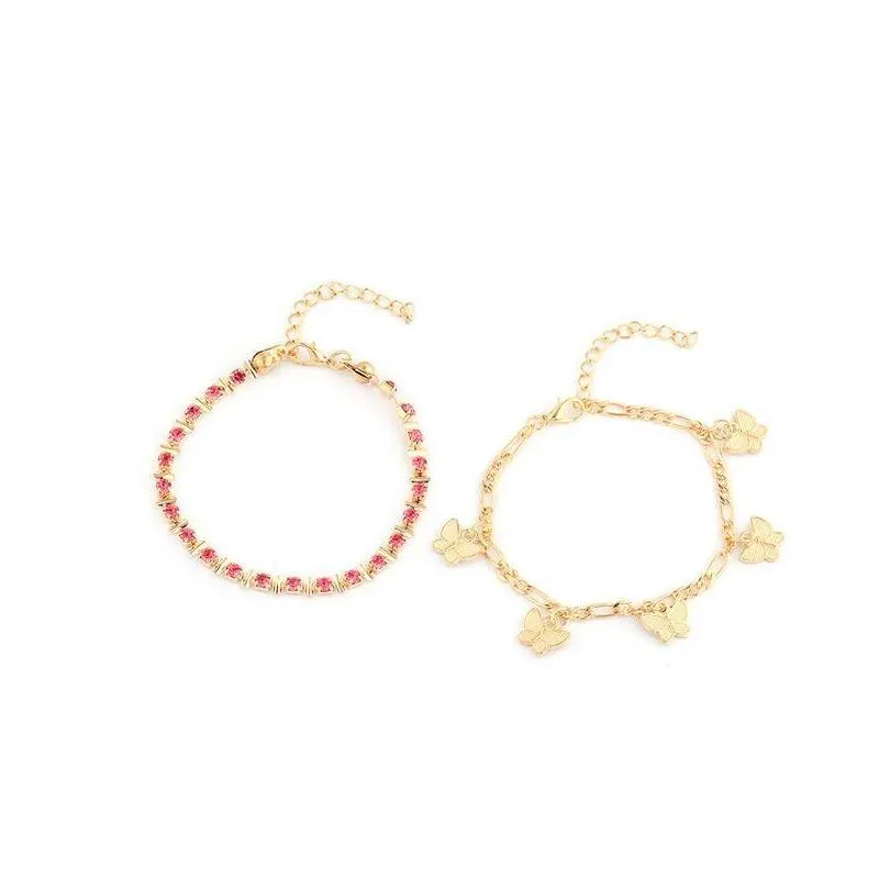 2pcs/set rhinestone crystal anklet bracelets for women sandals gold butterfly anklets boho beach foot iced out chains anklets