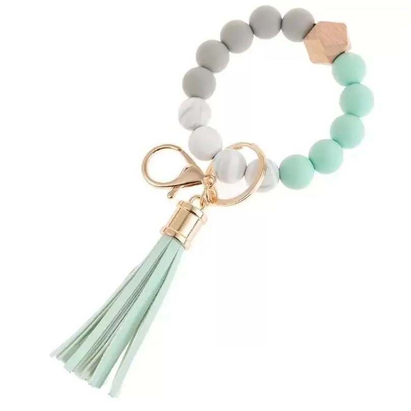 14 colors beaded bracelets jewelry wooden tassel bead string bracelet key chain food grade silicone beads women girl key ring wrist strap