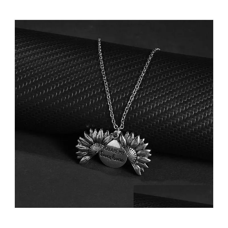 you are my sunshine sunflower necklaces for women gold open locket pendant long chain fashion inspirational jewelry gift wholesale