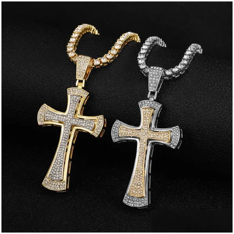 pendant necklaces hip hop iced out cuban link chain men cross gold color women jewellery gift