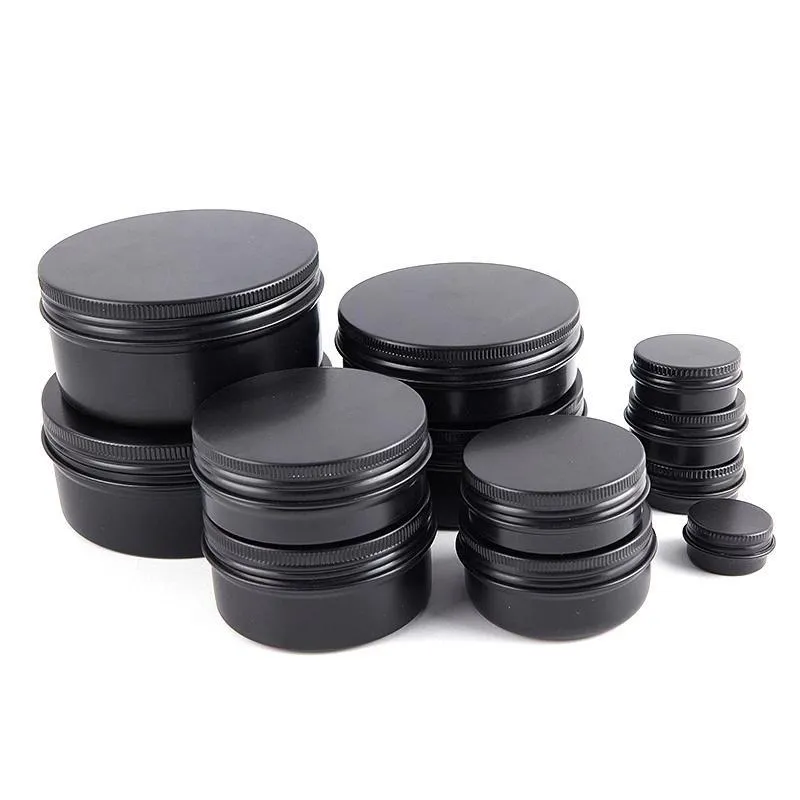 empty jars bottles black round aluminum tin cans screw lids metal lip balm box cosmetic containers storage organization