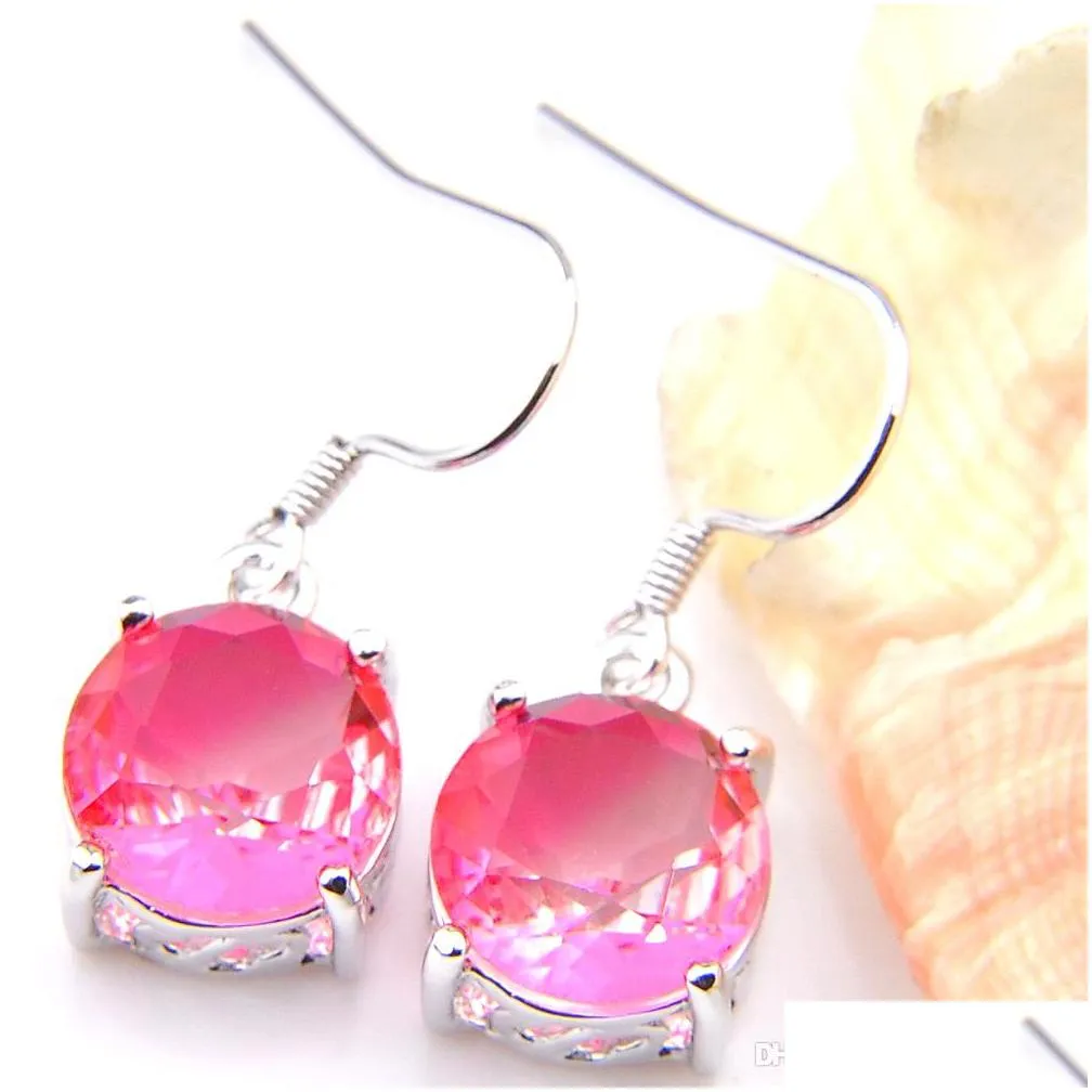 luckyshine women gift round pink bi colored tourmaline gems 925 sterling silver plated pendants drop earrings engagement jewelry set