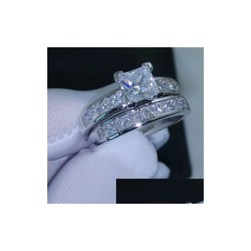 luxury size 5/6/7/8/9/10 jewelry 10kt white gold filled topaz princess cut simulated diamond wedding ring set gift with box