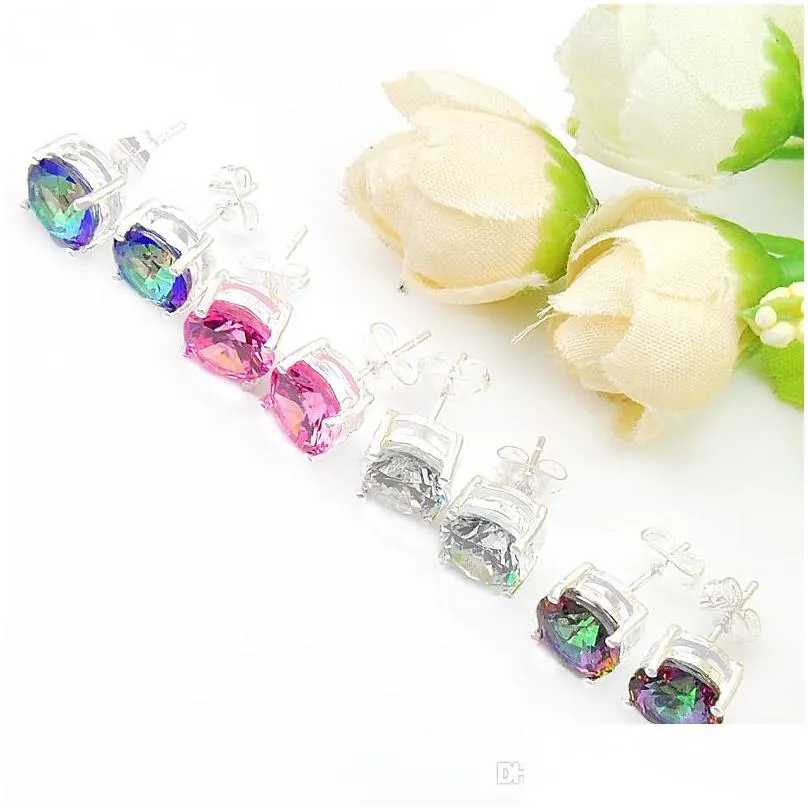 luckyshine mix 4pairs wedding gift fire round mystic topaz pink white cubic zirconia 925 sterling silver men women stud earrings 