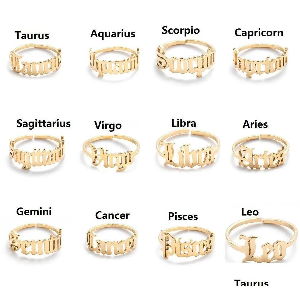 adjustable stainless steel rings 12 constellations letter ring for woman opening wedding zodiac finger ring birthday jewelry gift