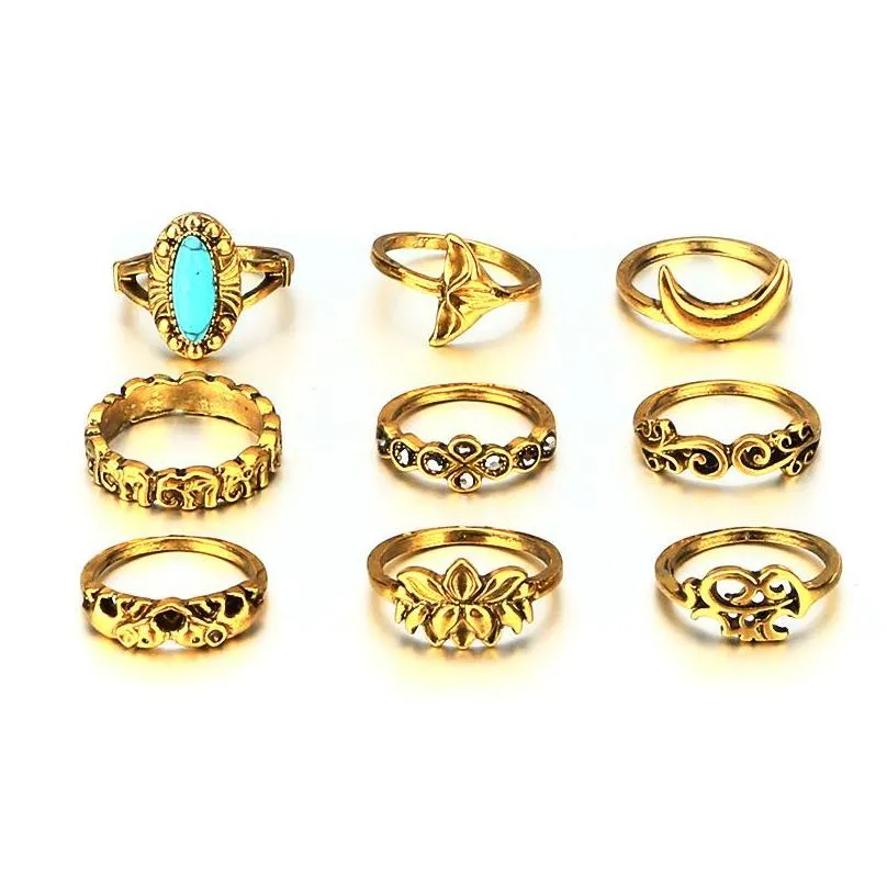  est 9pieces/set joint ring for women wide index finger bohemian rings retro totem carved geometric rings with elephant fishtail