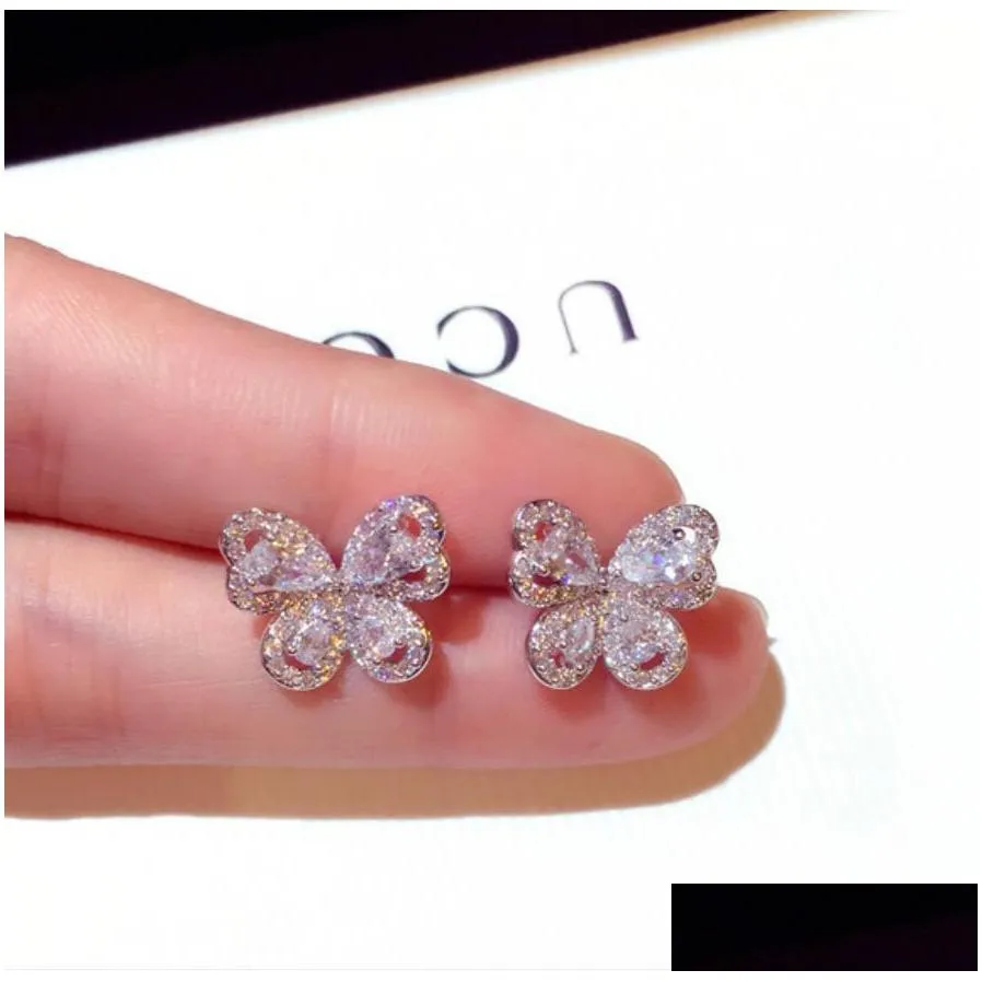 sparkly crystal stud earrings butterfly shape sterling silver cute unique stud for women wedding bridal ear jewelry