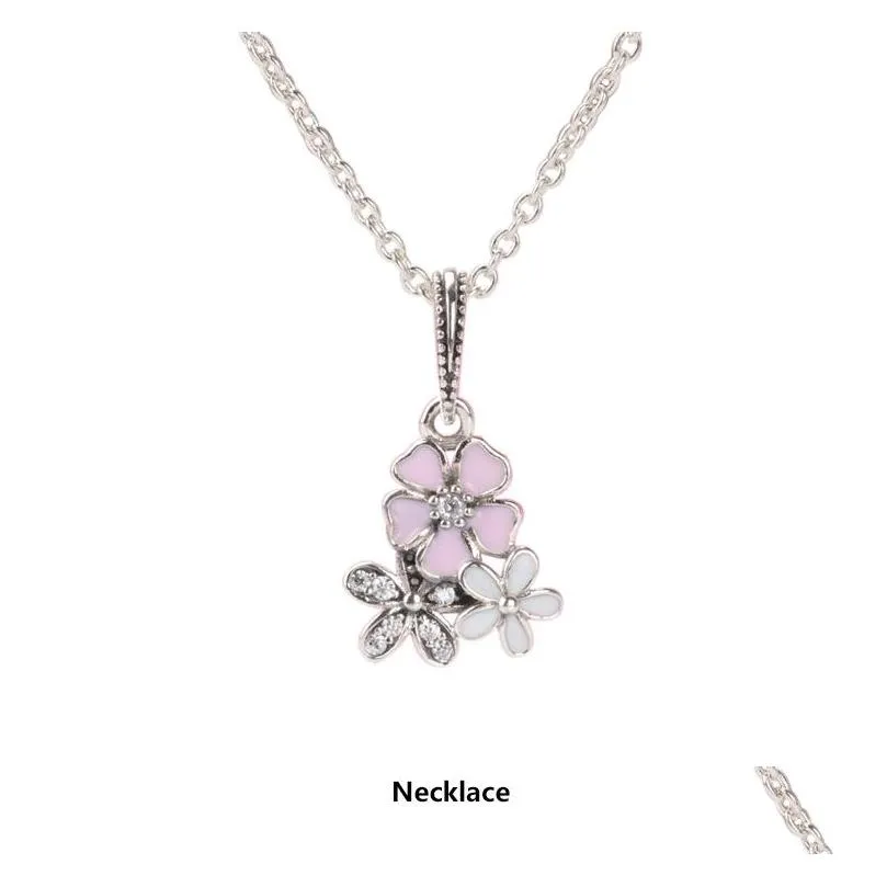 authentic 925 sterling silver pink enamel flower pendant necklace earring set with box for  jewelry womens earrings