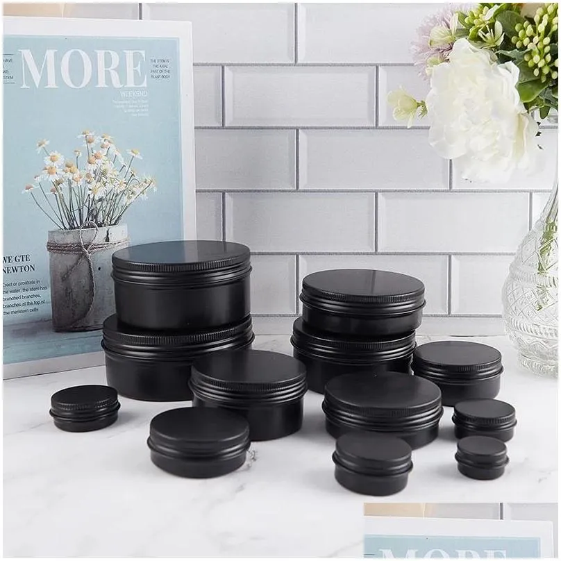 empty jars bottles black round aluminum tin cans screw lids metal lip balm box cosmetic containers storage organization
