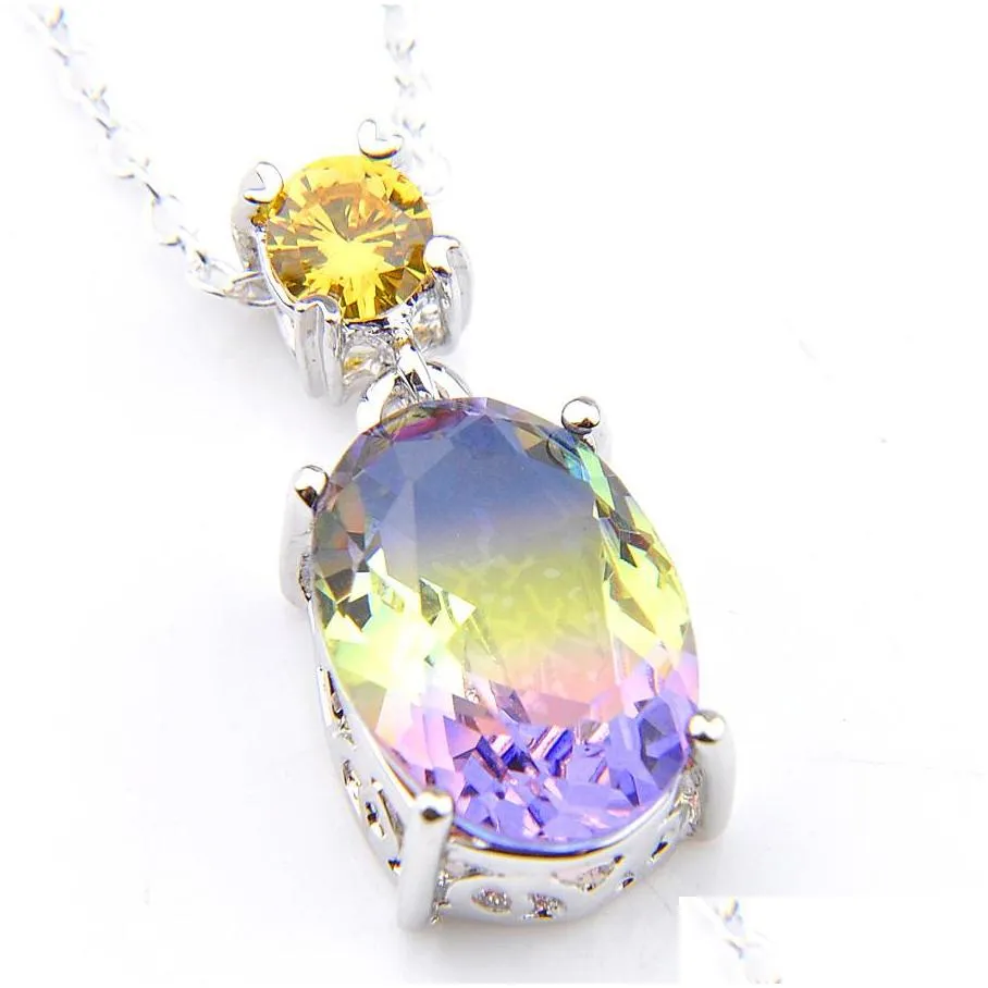 luckyshiney 10 pcs/lot christmas gift oval bi color tourmaline citrine gemstone silver pendants for necklaces women