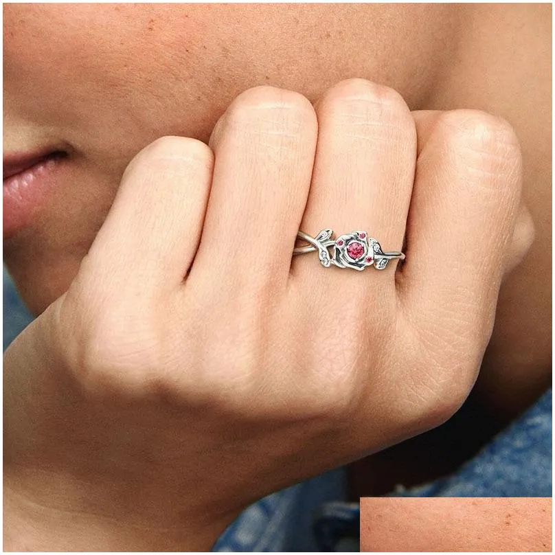 beauty red rose flower ring authentic sterling silver women girls wedding designer jewelry for pandora cz diamond rings with original