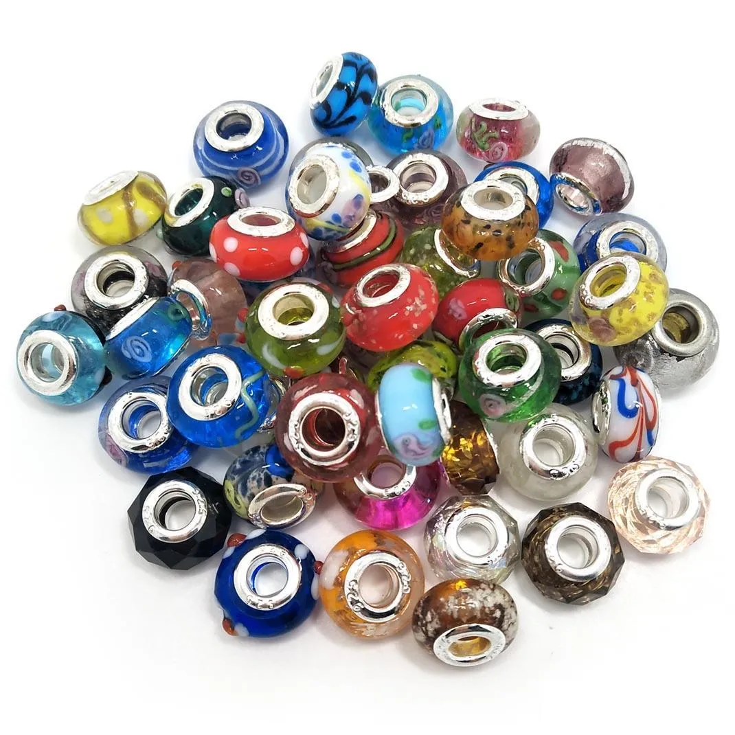 brand mix styles glass 925 stering cord big hole loose beads fit european pandora jewelry diy bracelet charms 50pcs per lot