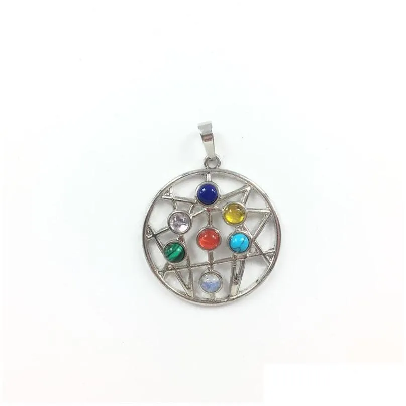 7 chakra stone beads pendant yoga healing point reiki chakra crystal bead health amulet life tree charms women flower pendants 1893 t2