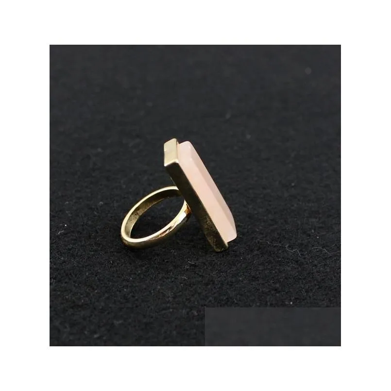 fashion gold plated natural stone pink crystal ring geometry rose quartz ring for women jewelry