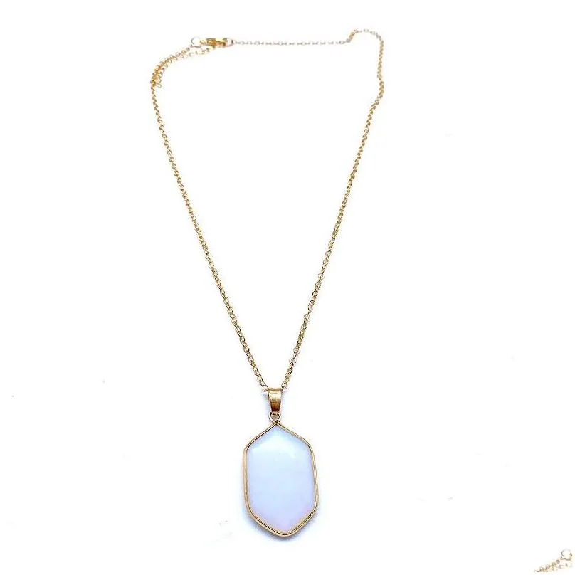 gold color geometry natural stone necklace white green turquoise opal pink crystal druzy necklace for women jewelry