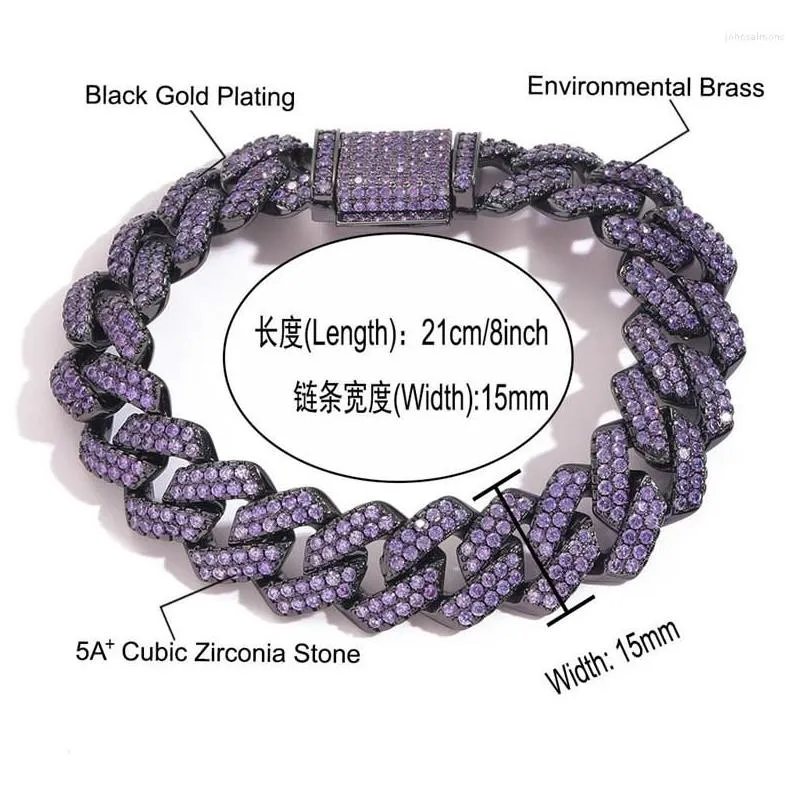 link bracelets iced out chains for men women 15mm black purple cuban cz stone bracelet hip hop jewelry