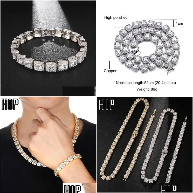 chains hip hop 10mm bling cubic zirconia iced out bracelet necklace geometric square cz stone tennis chain for men women jewelry1