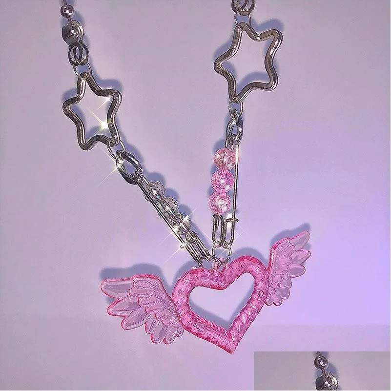 pendant necklaces harajuku diy handmade heart wing necklace for women metal vintage lovely star charms choker y2k jewelry