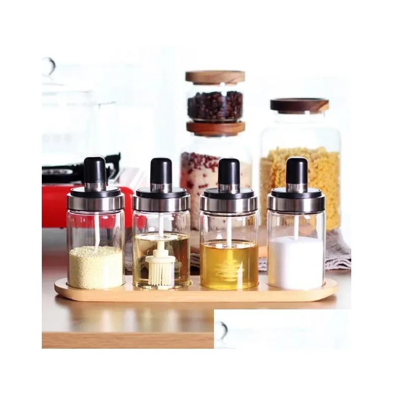 cooking utensils glass spice box spoon and lid integrated spicejar combination seasoning jar kitchen supplies home salt shaker oil