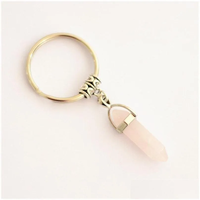 hexagonal prism keychains natural stone pendant key chains bullet crystal charms rings holder jewelry keyring fashion accessories 624