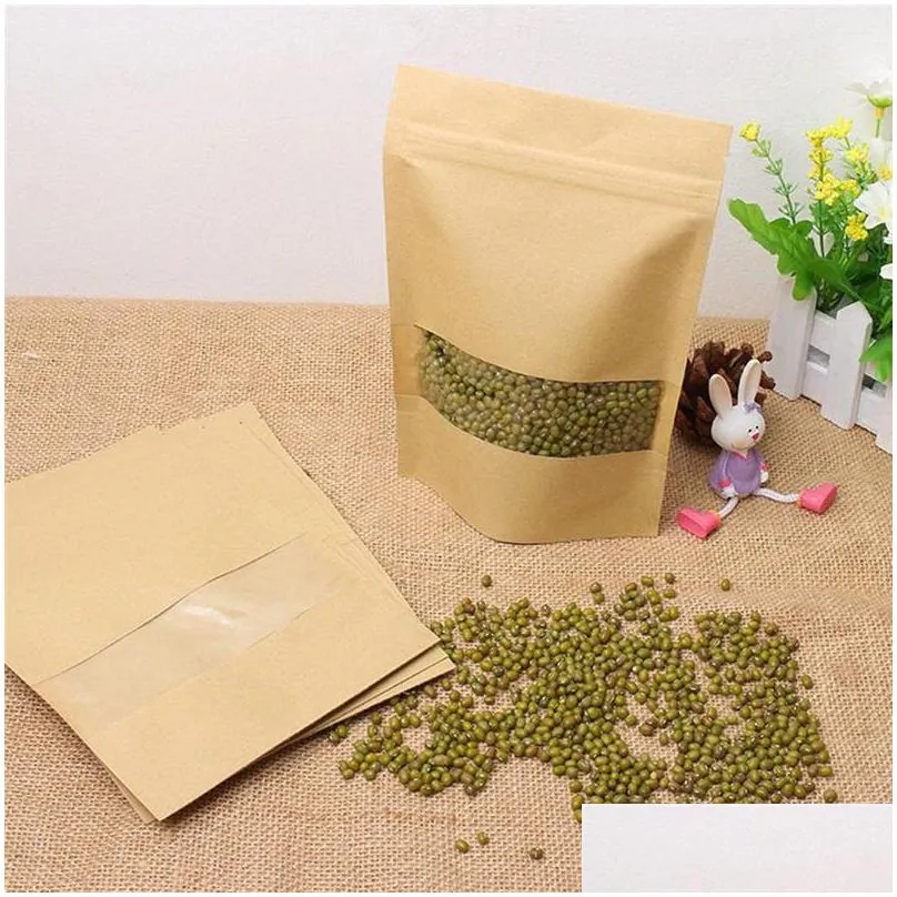 100 pcs/lot kraft paper bag food moistureproof bags zipper stand up reusable sealing pouches with transparent window