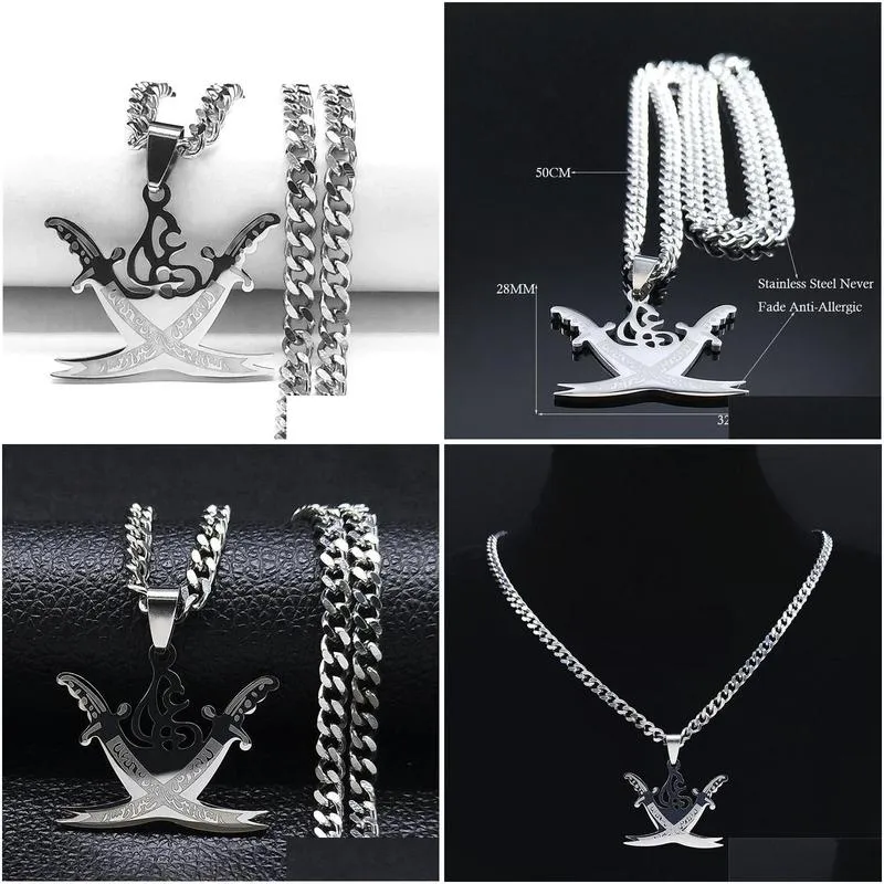 pendant necklaces arabic retro imam ali sword muslim islam knife stainless steel necklace men women silver color jewelry n4517s0