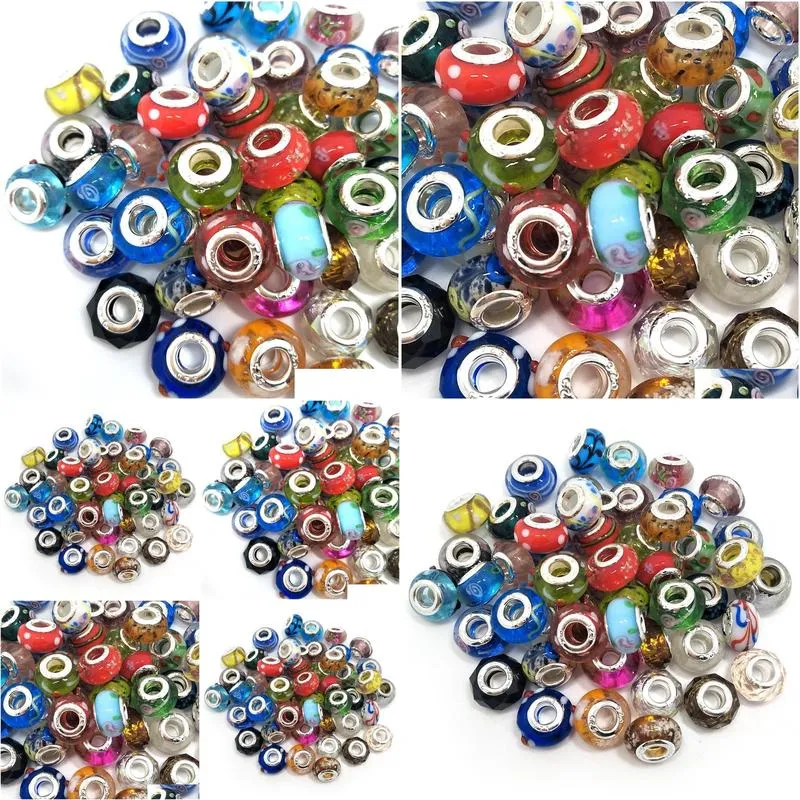 brand mix styles glass 925 stering cord big hole loose beads fit european pandora jewelry diy bracelet charms 50pcs per lot