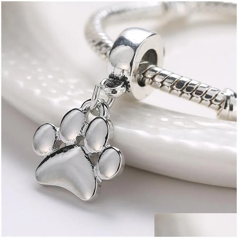 fits pandora bracelets 30pcs cute dog paw print dangle pendant charms beads silver charms bead for women diy european necklace jewelry