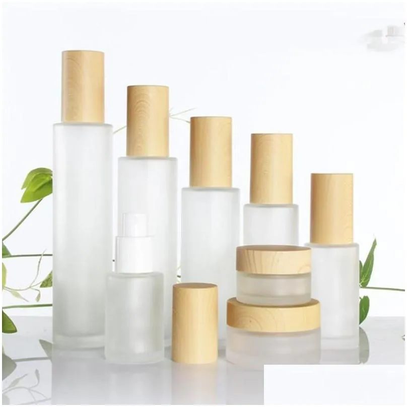 20g 30g 50g imitated wood lid frosted glass bottle cream jars empty cosmetic jar lotion spray pump container 30ml 40ml 60ml 80ml 100ml