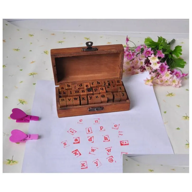 fast shipping wholesale creative lowercase uppercase alphabet wood rubber stamps set with wooden box 50sets/lot wholesale