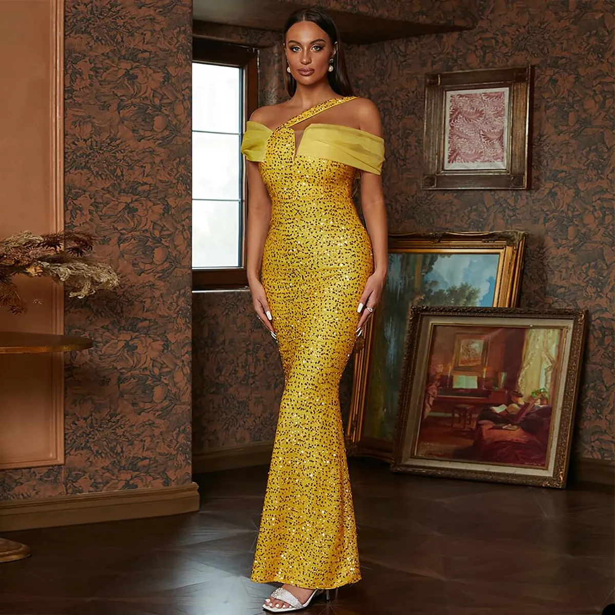 Glamorous Prom Dresses Mermaid Jewel Off the Shoulder Net Solid Color with Sequins Backless Zipper Floor Length Custom Made Evening Dress Plus Size Robes