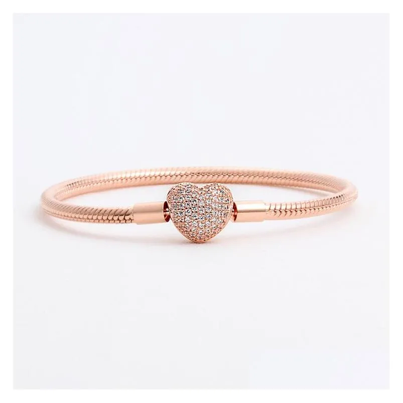 luxury fashion 18k rose gold cz diamond heart bracelets original box for  925 silver smooth snake chain bracelet