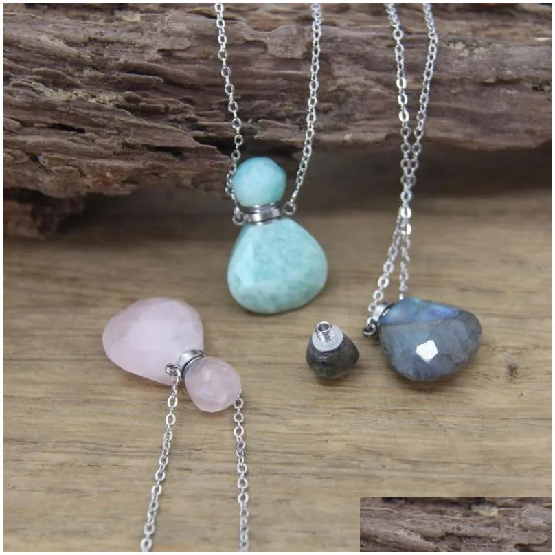 pendant necklaces drop shape mini perfume bottle pendants silvery chains labradorite amazonite  oil vial charms necklace jewelry