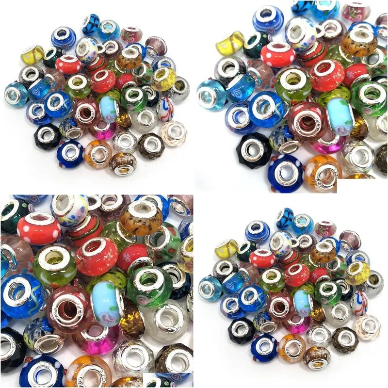 brand mix styles glass 925 stering cord big hole loose beads fit european pandora jewelry diy bracelet charms 50pcs per lot