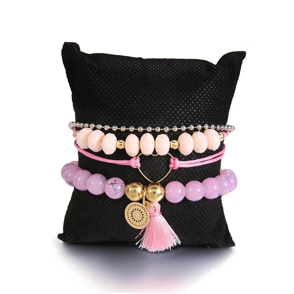 multilayer bracelets bohemian pink crystal beads bracelets for women jewelry gifts vintage heart tassel bracelet bangles