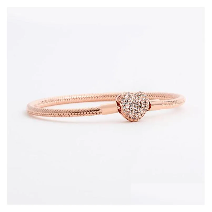 luxury fashion 18k rose gold cz diamond heart bracelets original box for  925 silver smooth snake chain bracelet